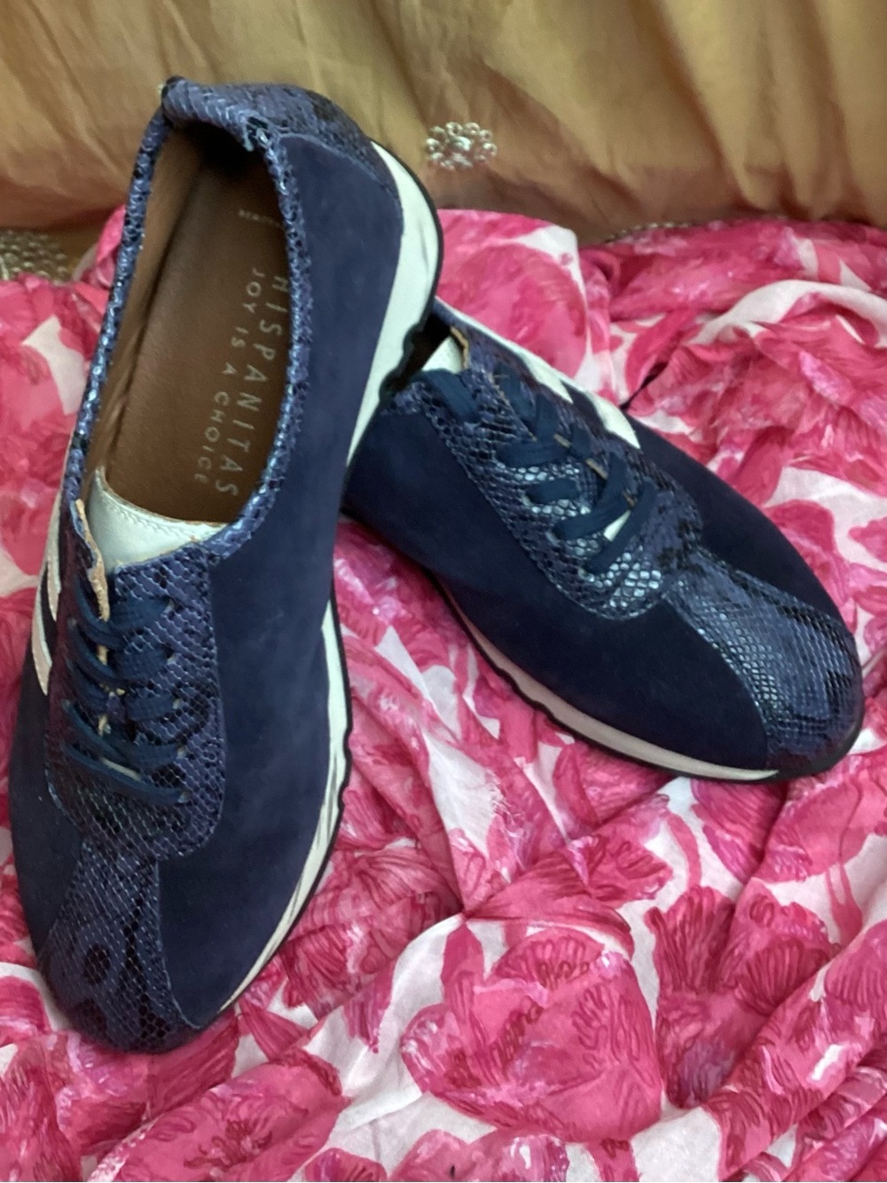 Hispanitas Kandi Velur Marine Whips & Snake-Print Lace-Up Sneaker 38/7.5 EUC